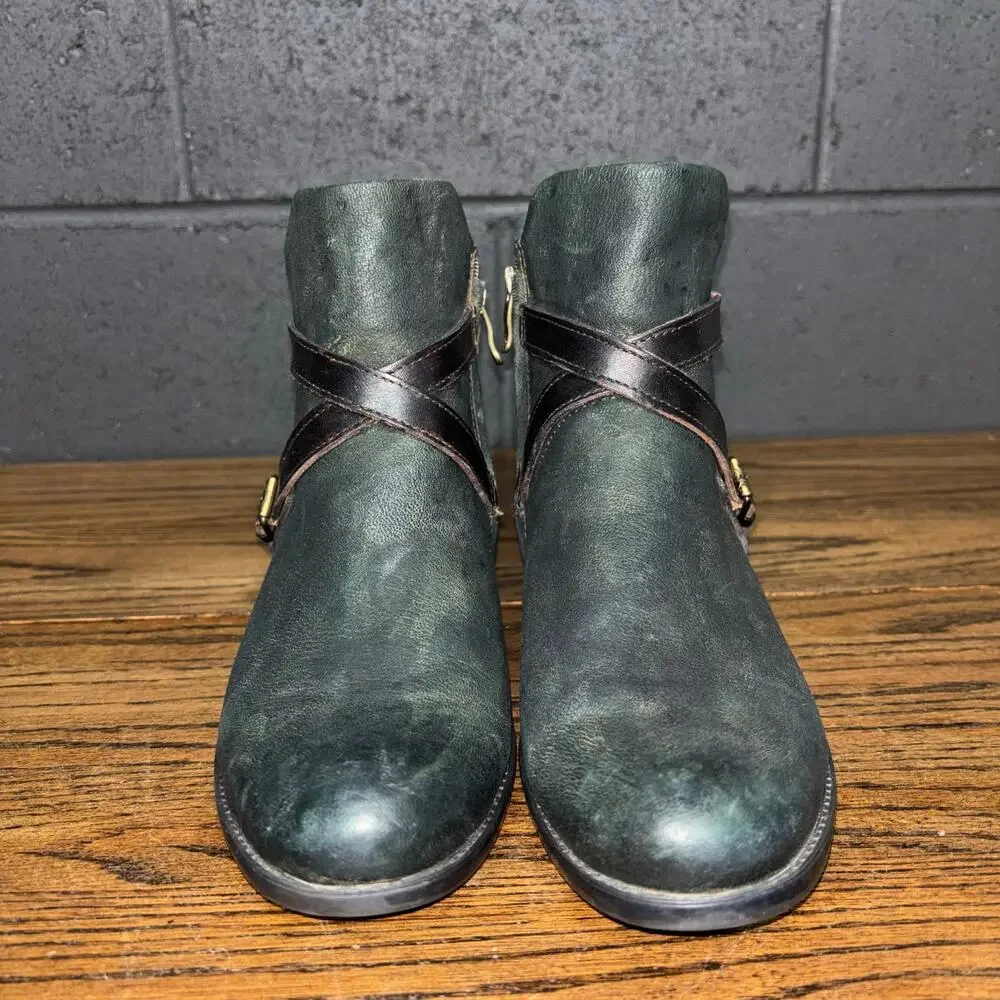 Bussola Green Leather Ankle Boots Buckle Strap Zip EU 40 US 9–9.5